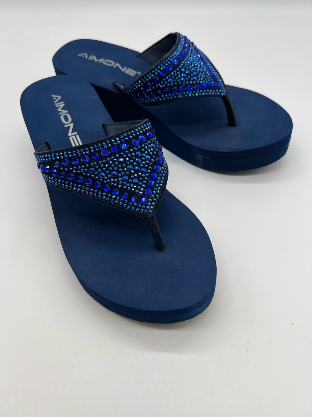 Navy Jeweled Wedge Thong Sandals for Women